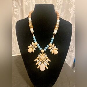 Sandy Beach Bohemian Champagne Blue Rhinestone Statement Necklace; signed NY